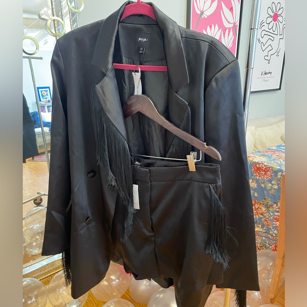 Nasty Gal NWT premium bonded satin fringe blazer and shorts